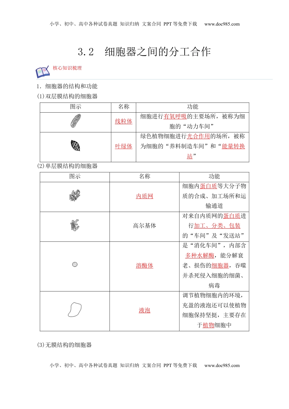 3.2 细胞器之间的分工合作- 2022-2023学年高一生物上学期课后培优分级练（2019人教版必修1）（解析版）.docx