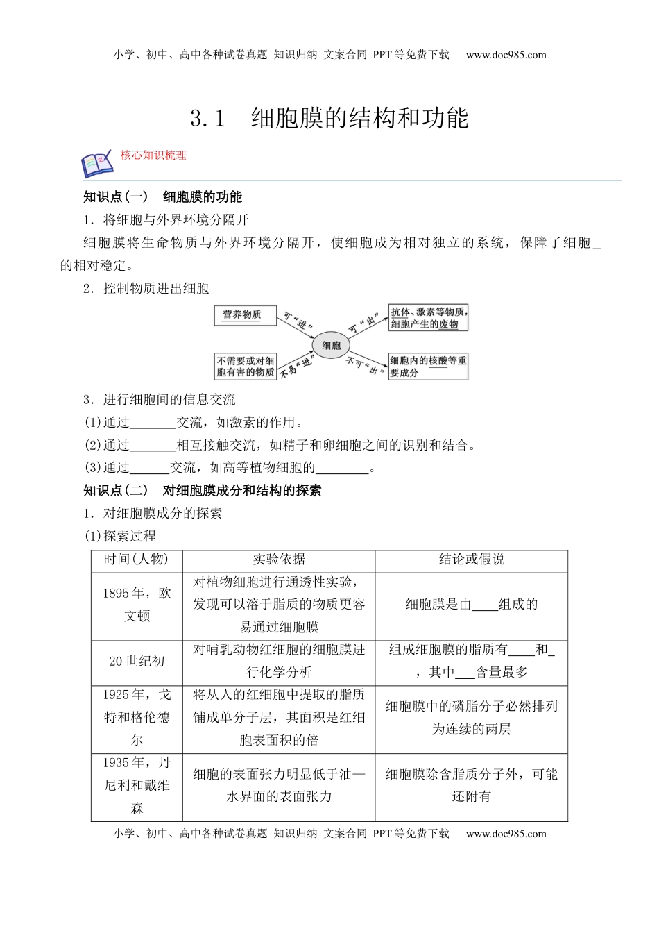 3.1 细胞膜的结构和功能 -2022-2023学年高一生物上学期课后培优分级练（2019人教版必修1）（原卷版）.docx