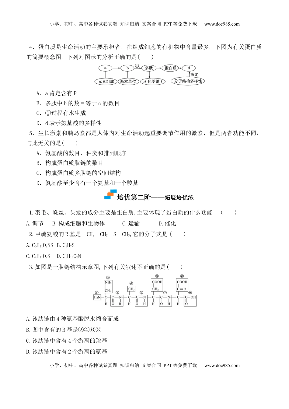 2.4 蛋白质是生命活动的主要承担者- 2022-2023学年高一生物上学期课后培优分级练（2019人教版必修1）（原卷版）.docx