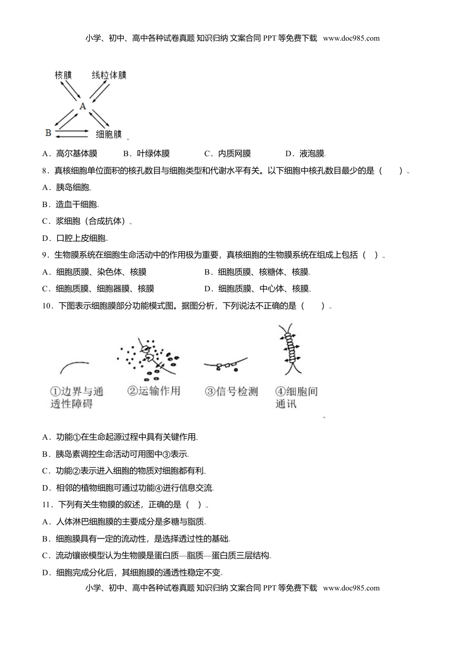 第三章  章末测试-高一生物课后培优练（人教版2019必修1）（原卷版）.doc