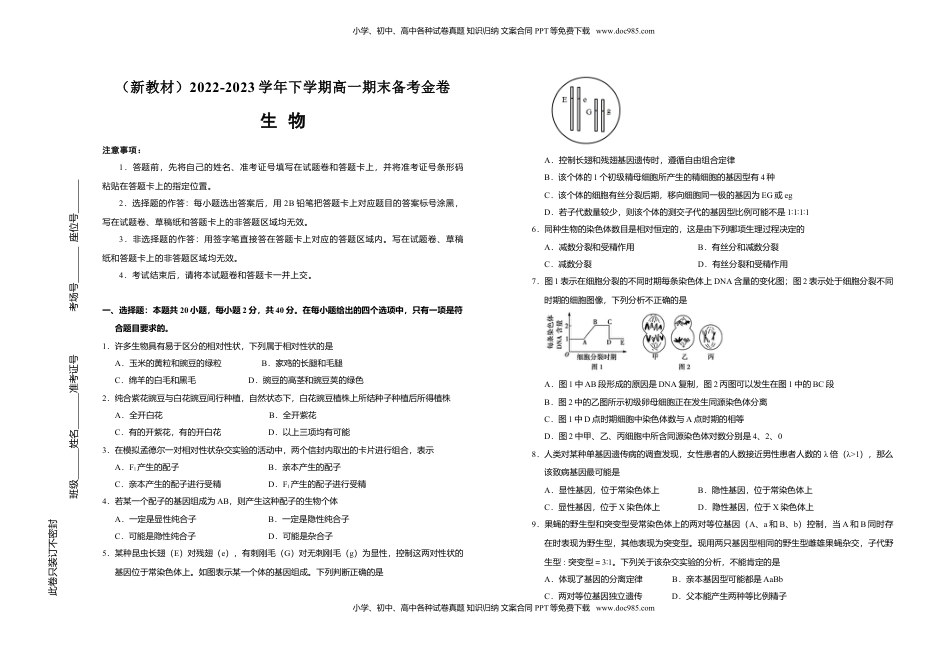 【原创】（新教材）2022-2023学年下学期高一期末备考金卷 生物 学生版.doc