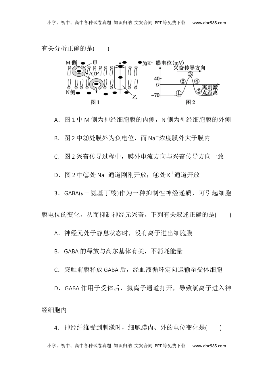 2.3神经冲动的产生和传导同步练习2022-2023学年高二上学期生物人教版选择性必修1.docx