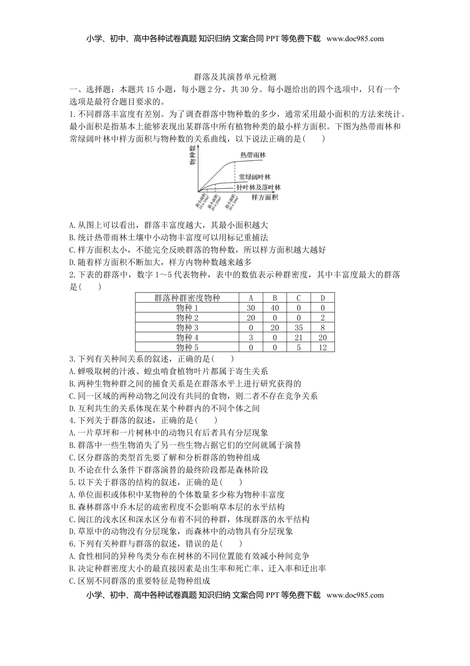 群落及其演替 单元检测卷(二) 同步练习【新教材】人教版（2019）高中生物选择性必修2.doc
