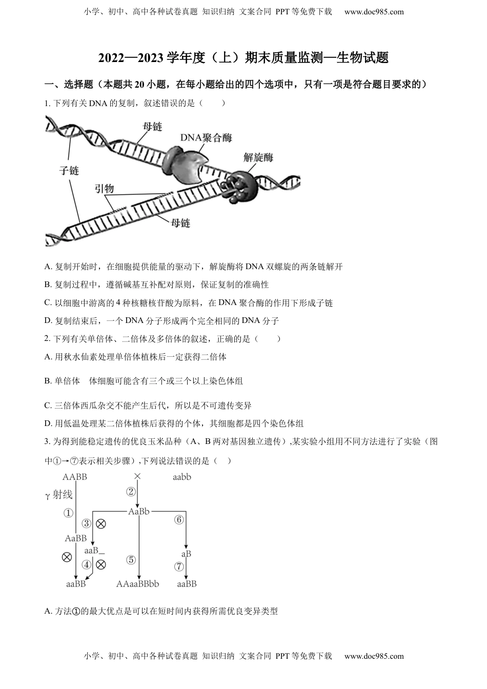 2022-2023学年高二上学期期末质量检测生物试题（原卷版）.docx