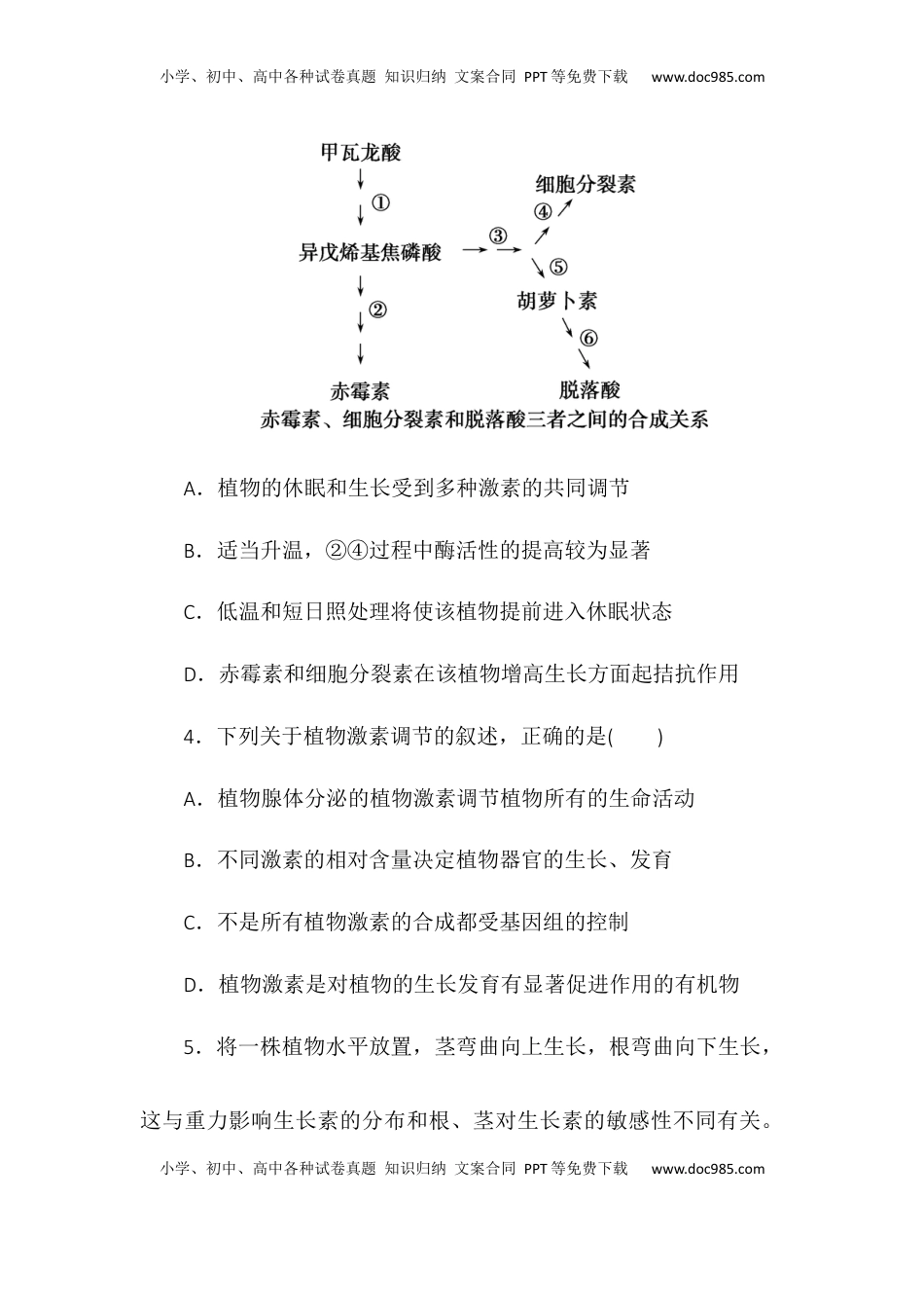 5.4环境因素参与调节植物的生命活动同步练习2022-2023学年高二上学期生物人教版选择性必修1.docx