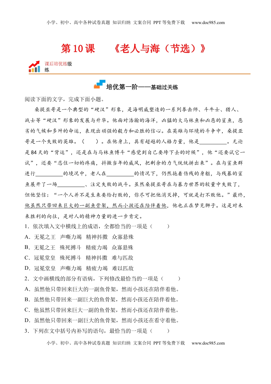 第10课《老人与海（节选）》-2022-2023学年高二语文课后培优分级练（统编版选择性必修上册）（解析版）.docx