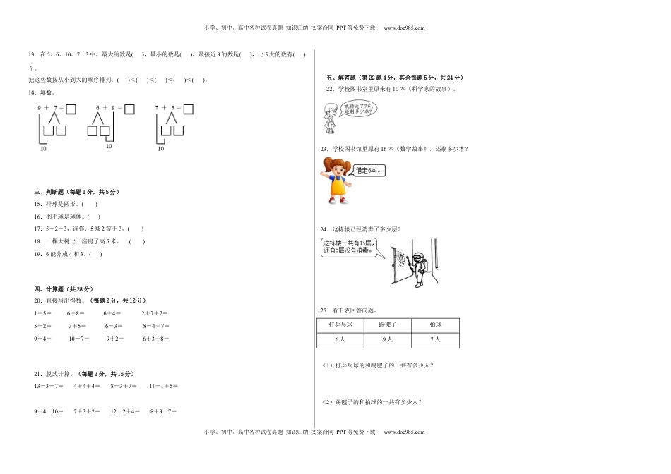 期末考前大冲刺高频考点必考题（一）-2022-2023学年一年级上册数学试卷（苏教版）.docx