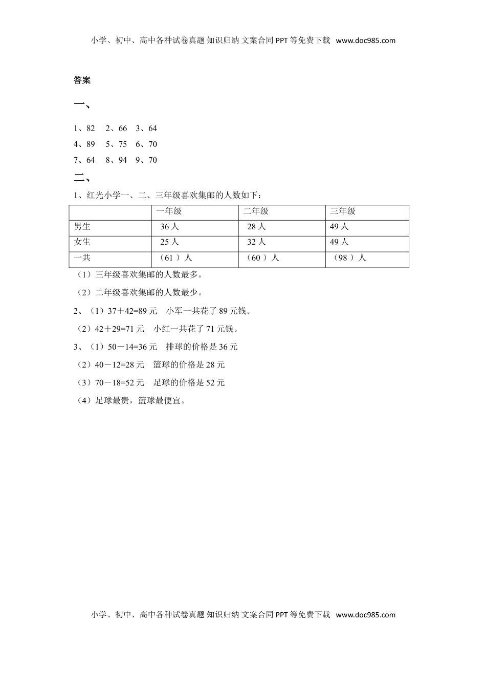 二年级下册数学一课一练-《两、三位数的加法和减法》3-苏教版.doc