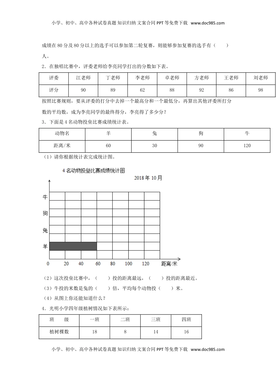 【题型专项特训】四年级数学上册第4单元统计表和条形统计图（一）专项训练——解答题（苏教版，含答案）.doc