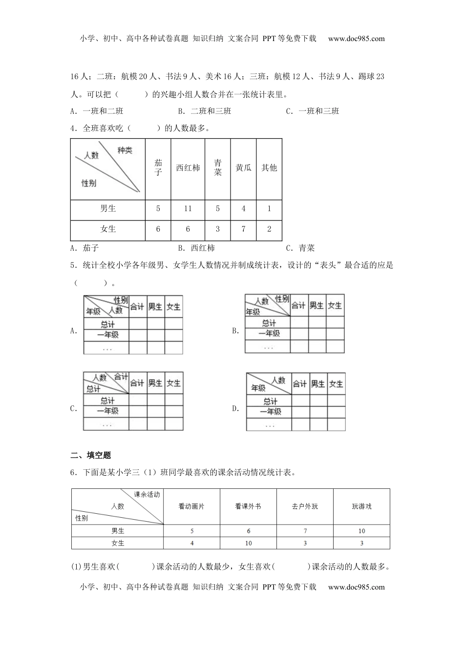 【分层作业】6.1 复式统计表（同步练习）+五年级上册数学同步课时练+（苏教版，含答案）.docx