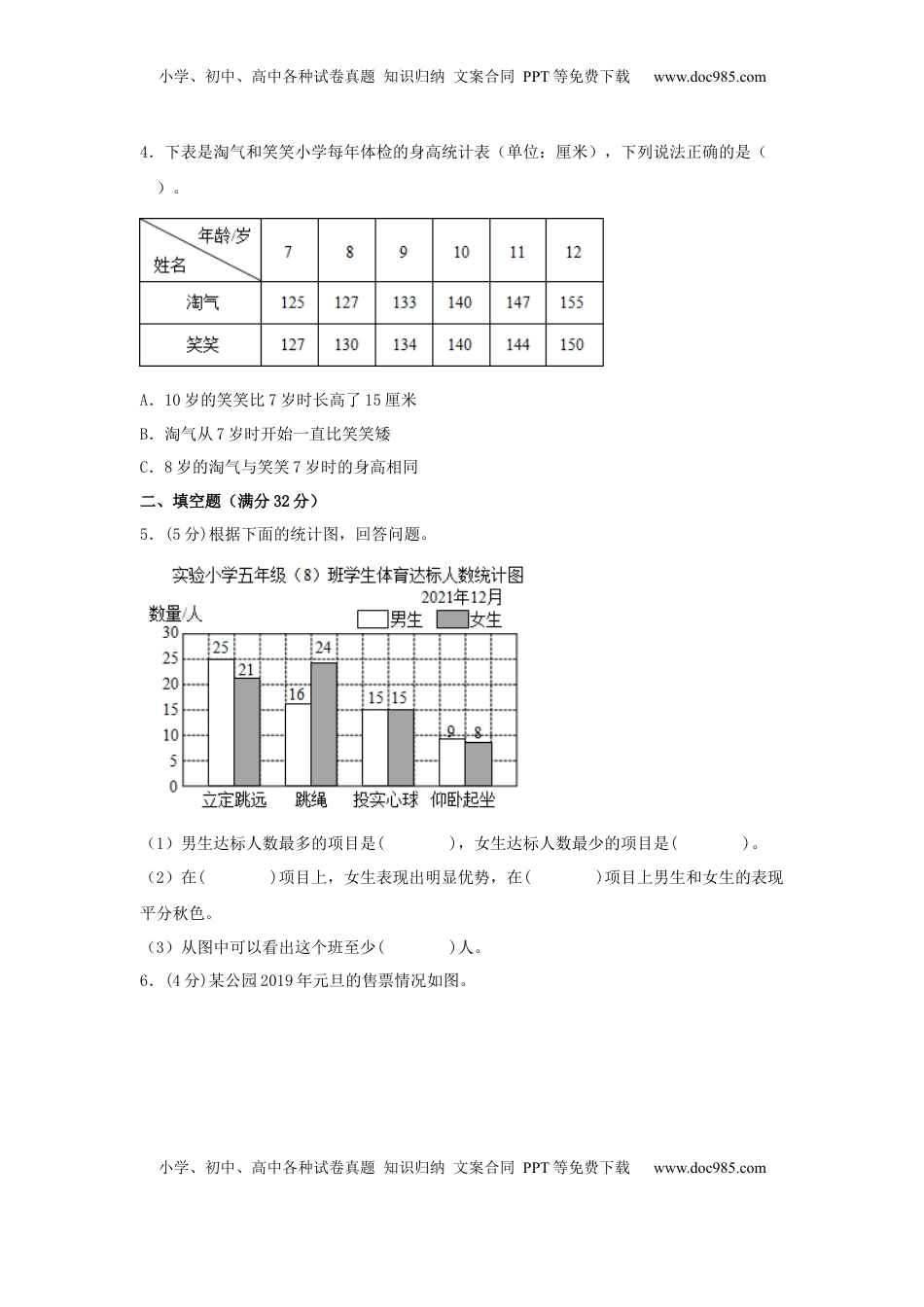 【单元AB卷】五年级上册数学分层训练B卷-第六单元 统计表和条形统计图（二）（单元测试） （苏教版，含答案）.docx