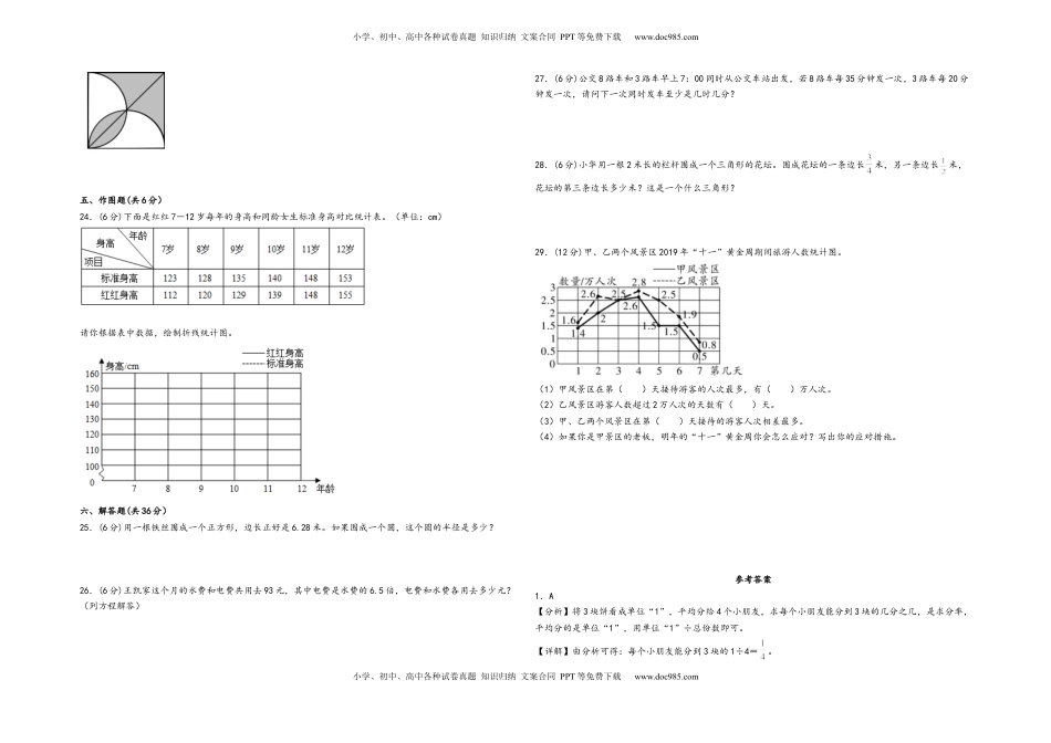 五年级下册数学期末考试综合素养测评A卷（A3版密封）（苏教版）.docx