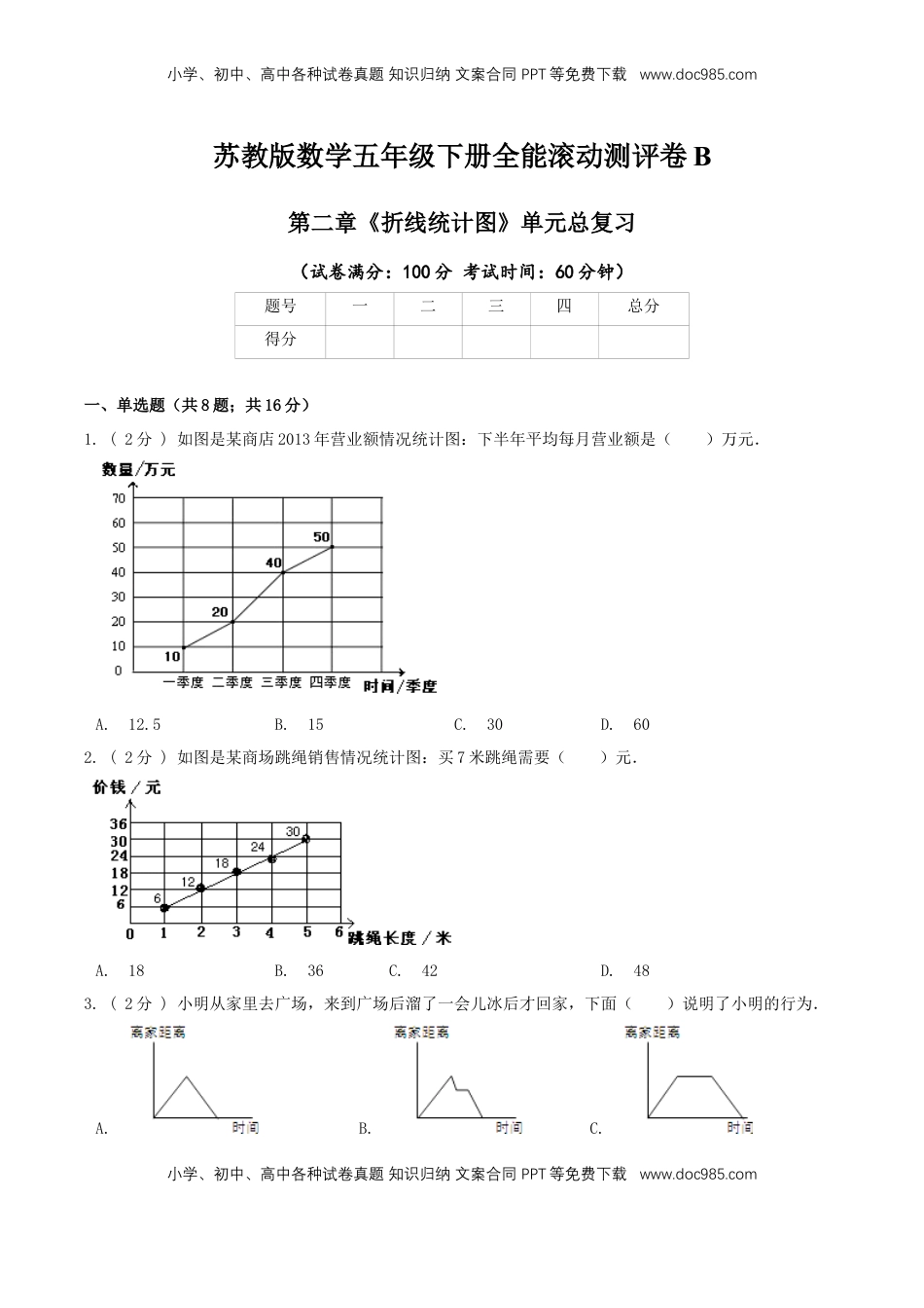 【精品】第二章《折线统计图》单元总复习—五年级数学下册全能滚动测评卷B（原卷版）苏教版.doc