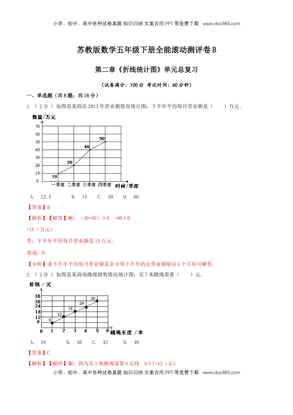 【精品】第二章《折线统计图》单元总复习—五年级数学下册全能滚动测评卷B（解析版）苏教版.doc
