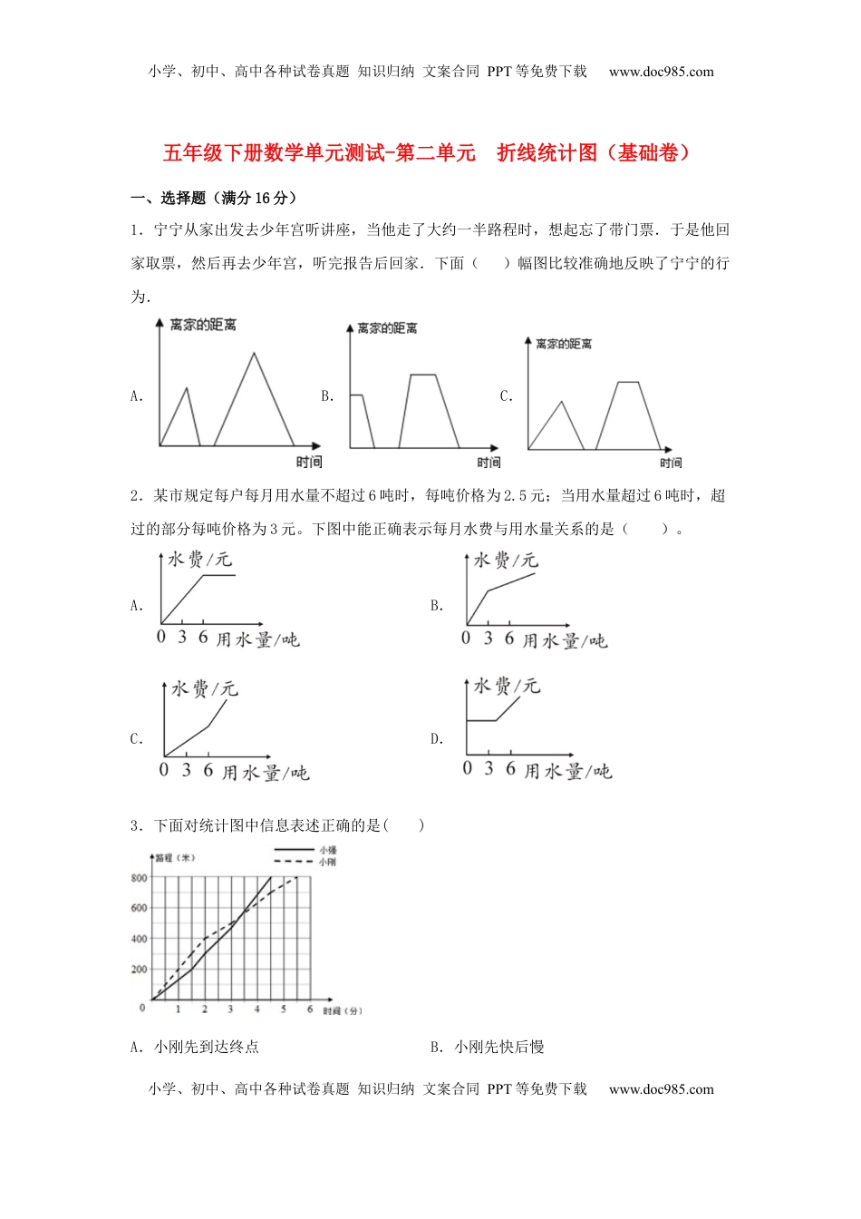 【分层训练】五年级下册数学单元测试-第二单元  折线统计图（基础卷）  苏教版（含答案）.docx