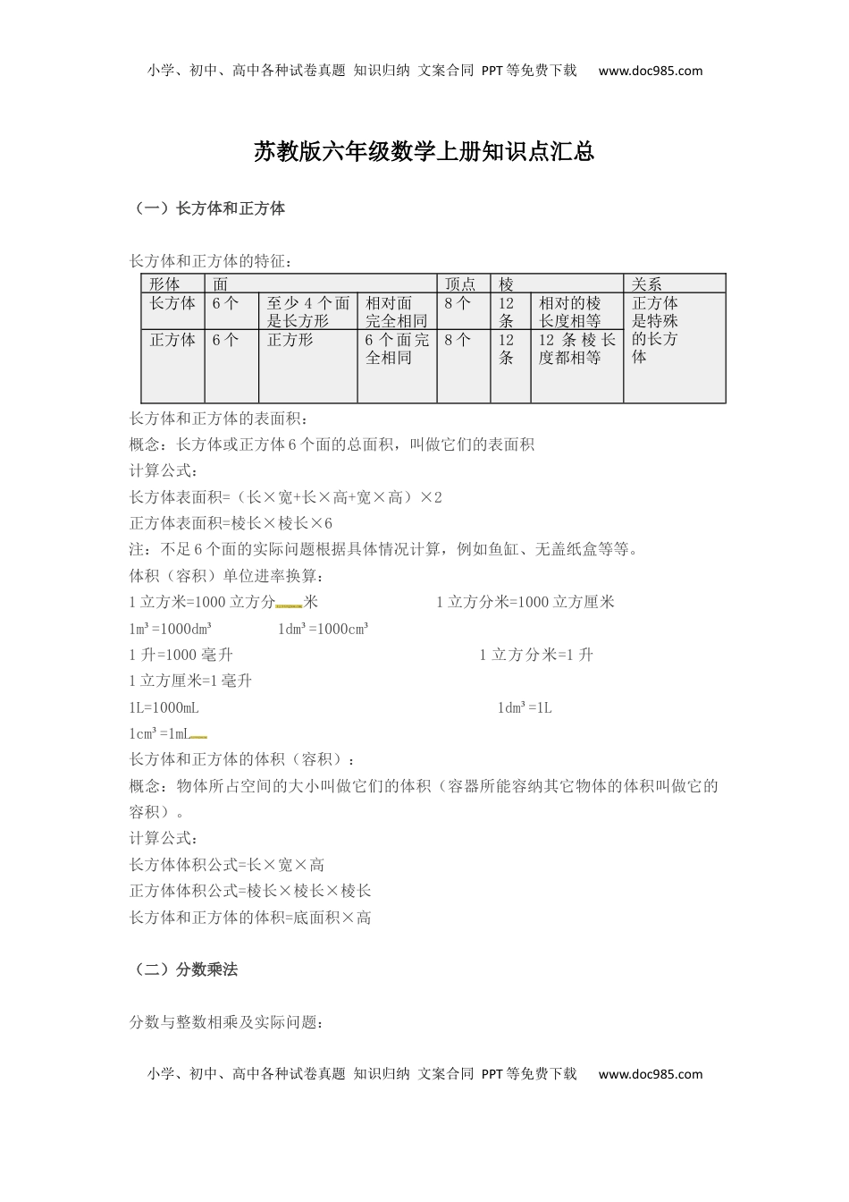 六年级上册数学知识点汇总  苏教版.docx
