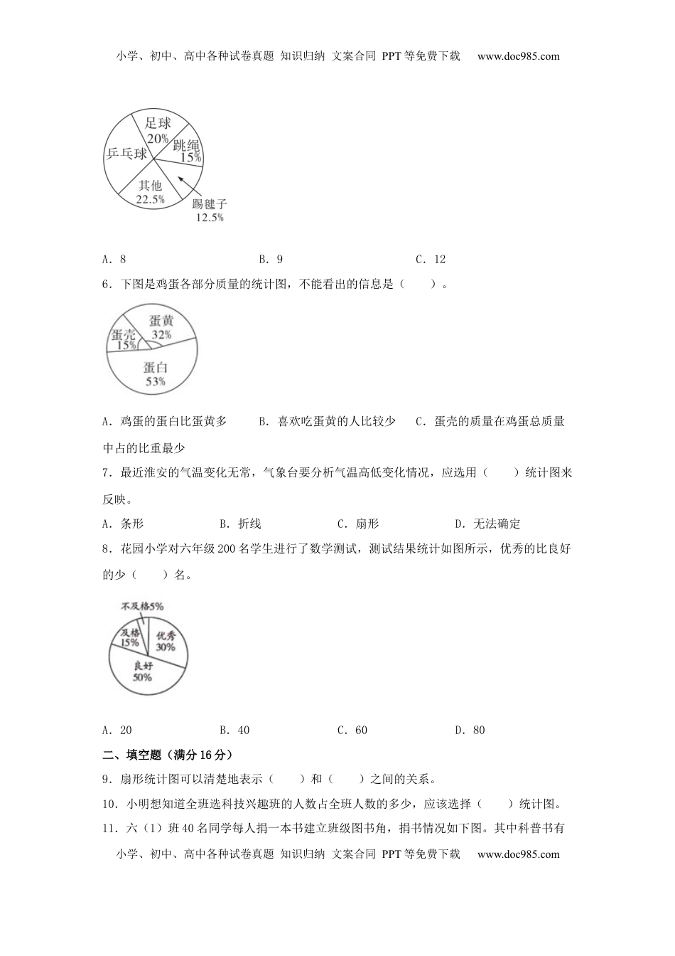 【分层训练】六年级下册数学单元测试-第一单元  扇形统计图（培优卷）  苏教版（含答案）.docx