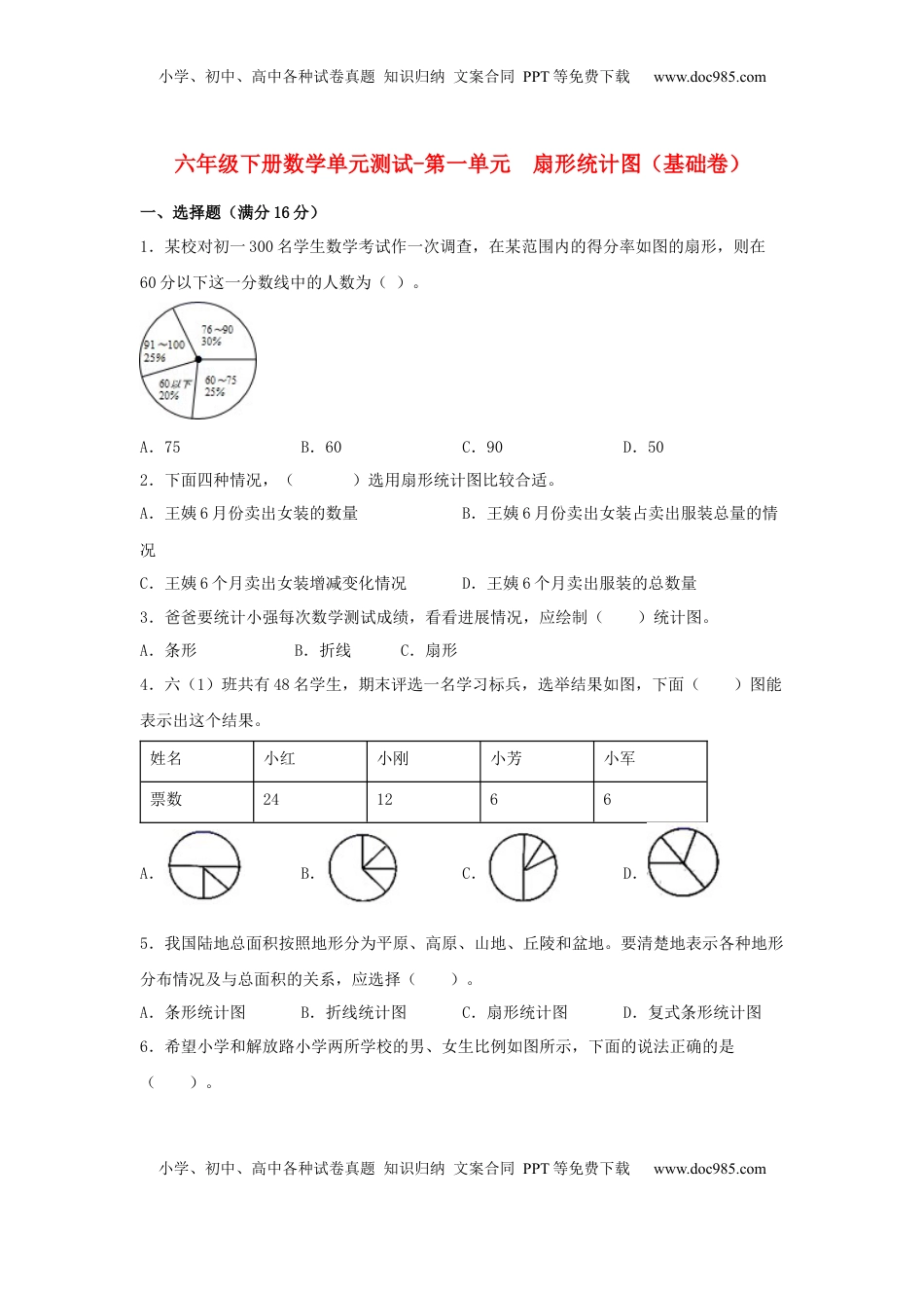 【分层训练】六年级下册数学单元测试-第一单元  扇形统计图（基础卷）  苏教版（含答案）.docx