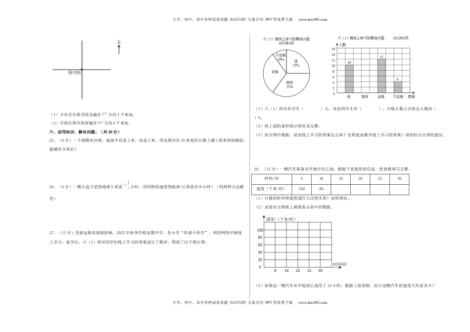 六年级数学下学期期中素养测评一（A3版）（苏教版）.docx