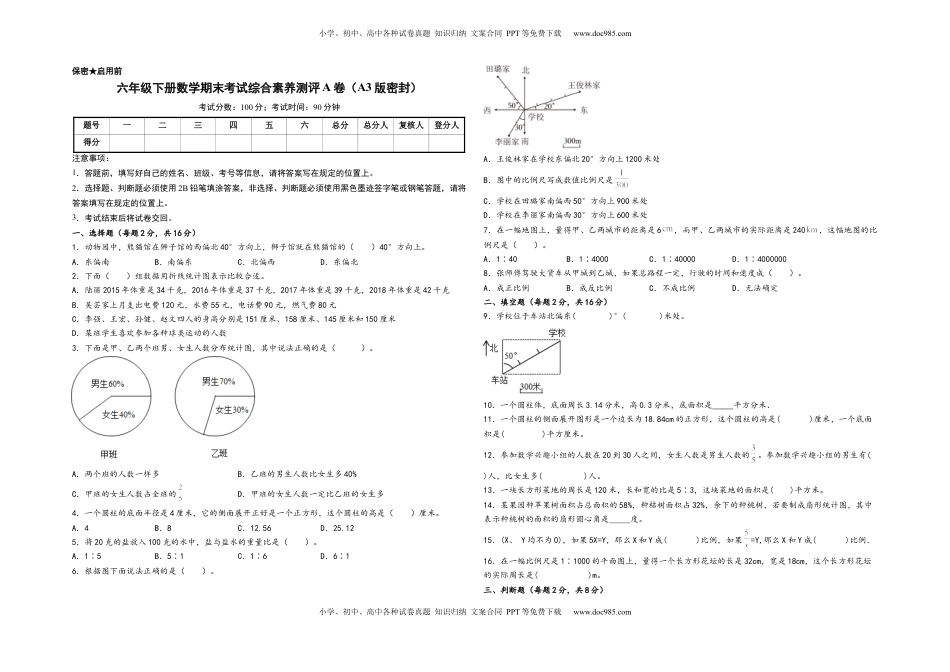 六年级下册数学期末考试综合素养测评A卷（A3版密封）（苏教版）.docx