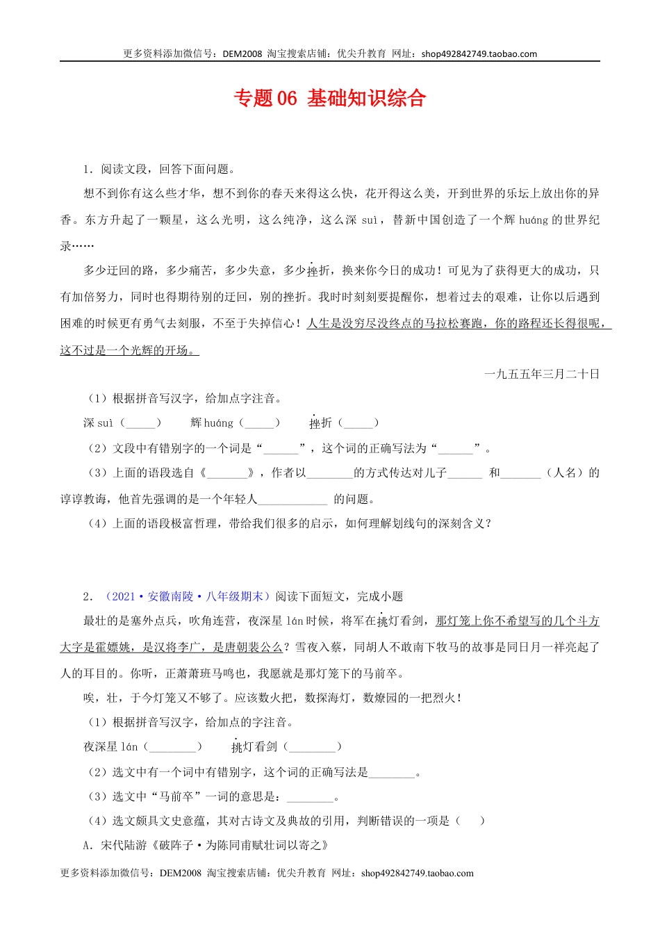 八年级下册 语文专题06：基础综合（原卷版）.docx