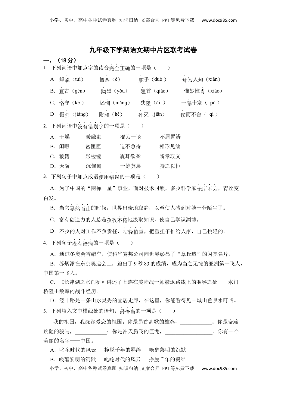 九年级下册 语文6.期中片区联考语文试卷.docx