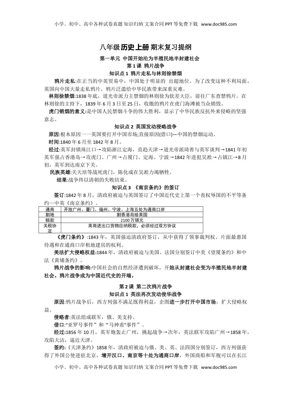 人教部编版历史八年级上册-复习提纲(1).doc