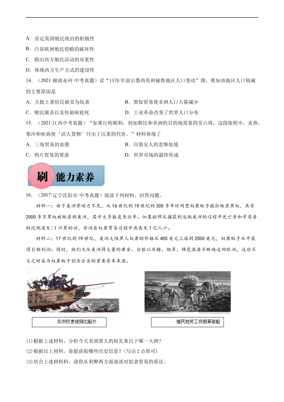 第16课 早期殖民掠夺-【必刷题】2021-2022学年九年级历史上册同步练习（部编版）.docx