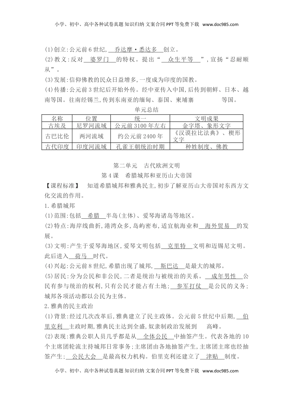 部编人教版九年级历史上册-知识提纲全册(1).doc