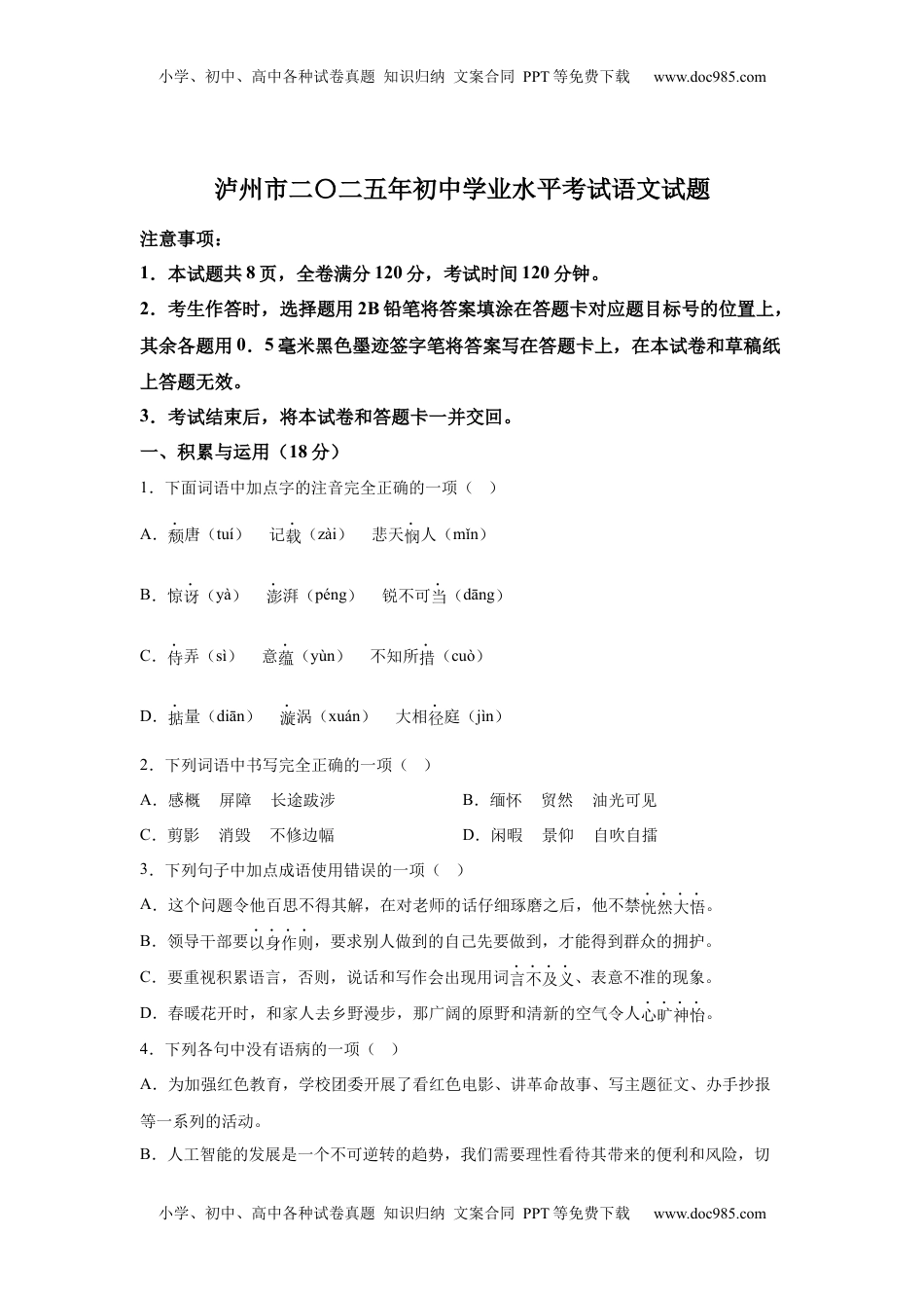 2025年四川省泸州市中考语文真题.docx