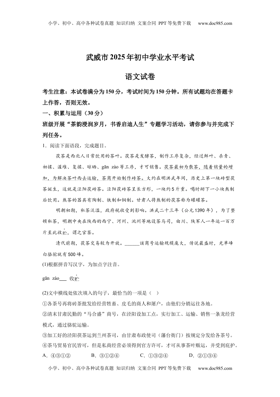 2025年甘肃省武威市中考语文真题.docx