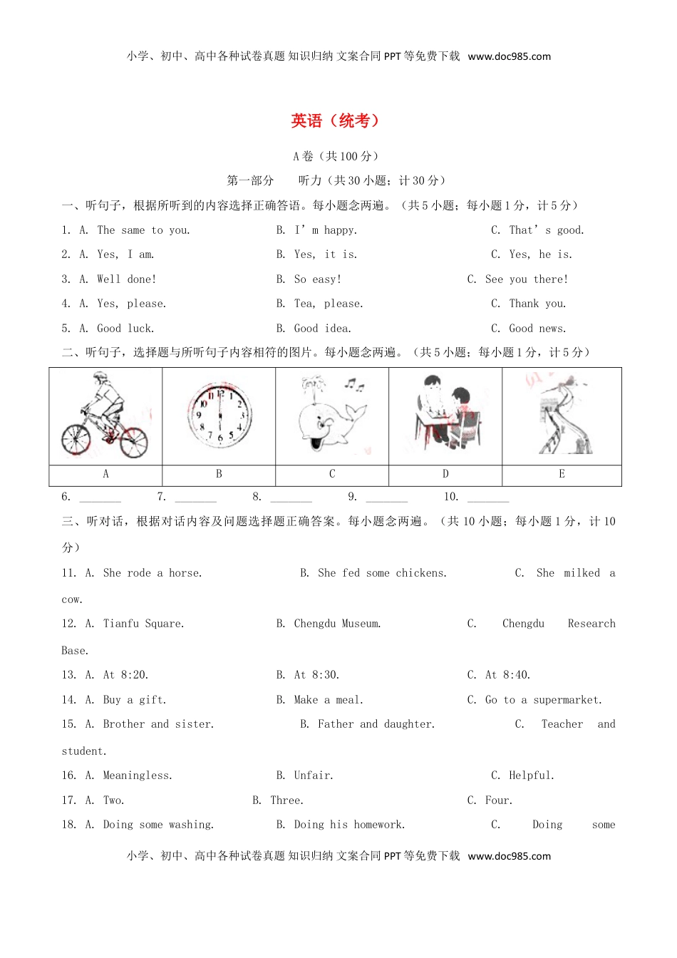 四川省成都市2019年中考英语真题试题（含解析）.doc