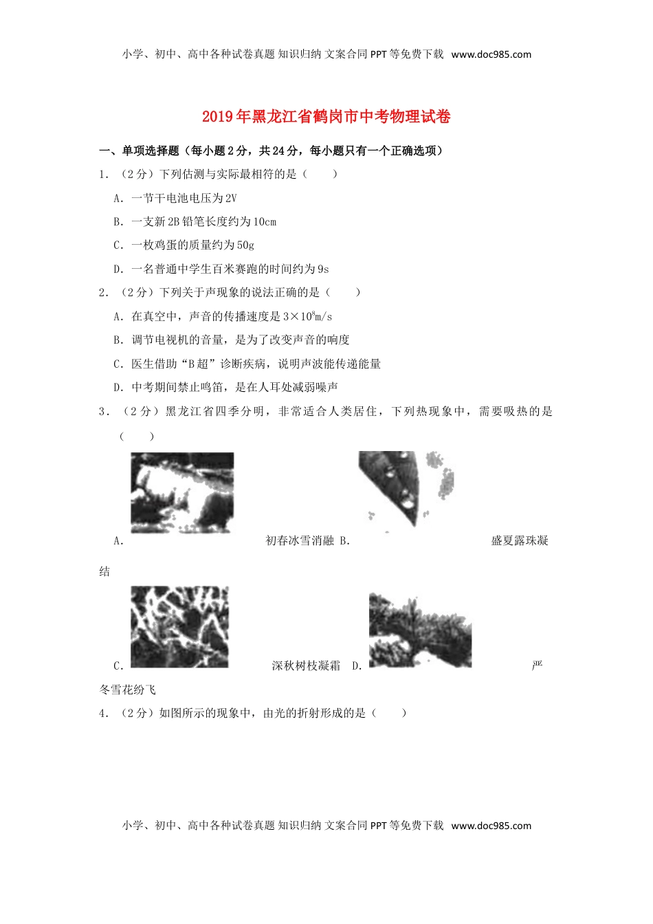 黑龙江省鹤岗市2019年中考物理真题试题（含解析）.doc