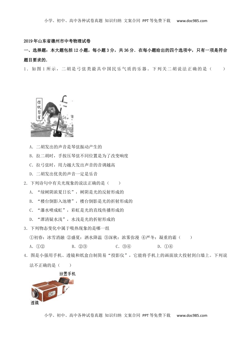 2019年山东省德州市中考物理试题（Word版，含解析）.docx