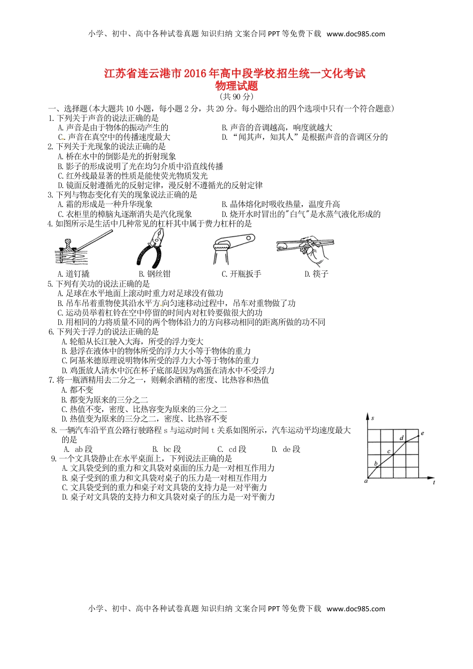 江苏省连云港市2016年中考物理真题试题（含答案）.DOC