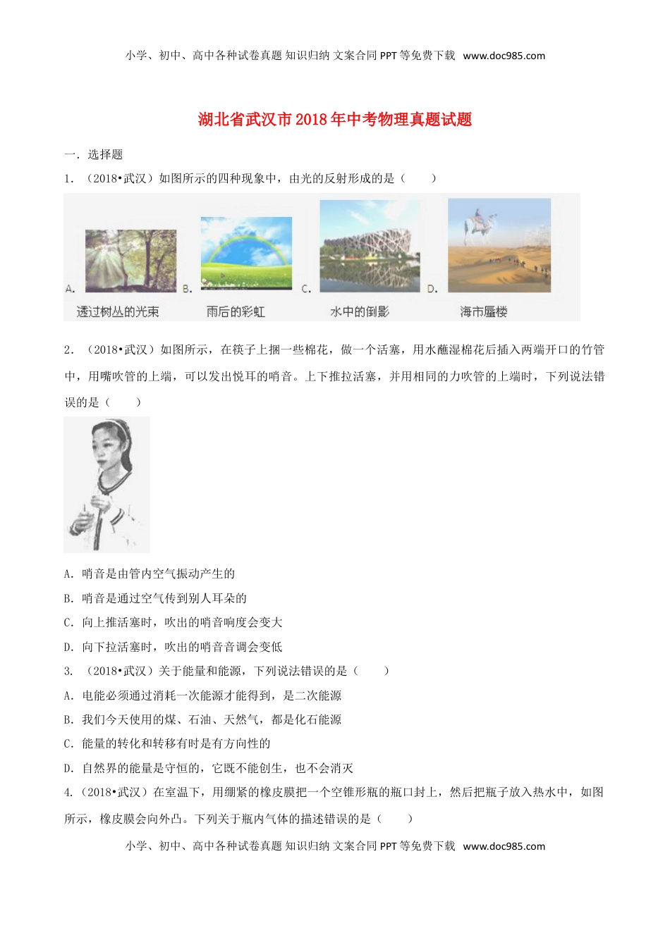 湖北省武汉市2018年中考物理真题试题（含解析）.doc