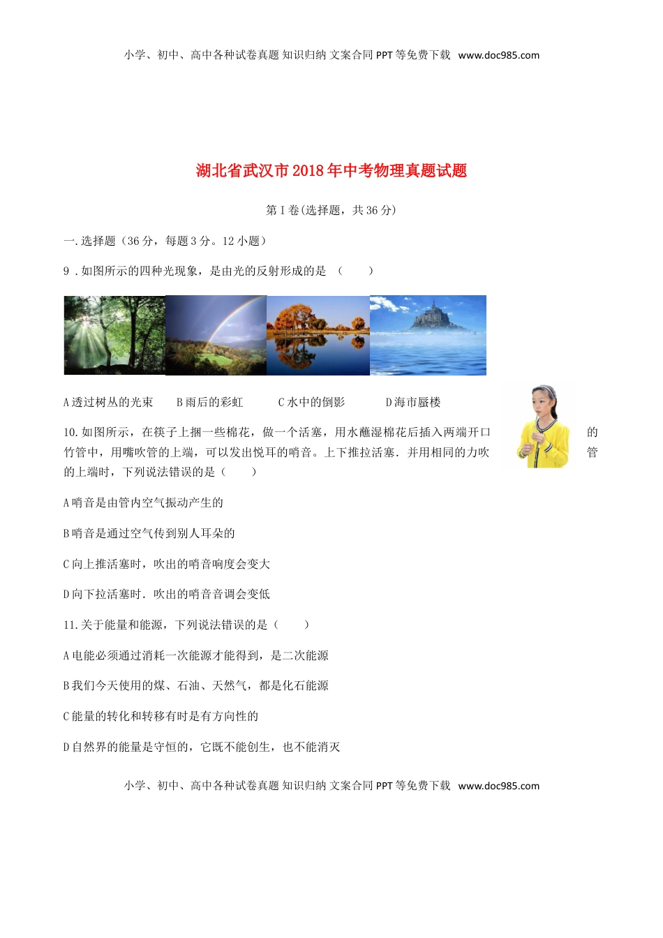 湖北省武汉市2018年中考物理真题试题（含答案）.doc