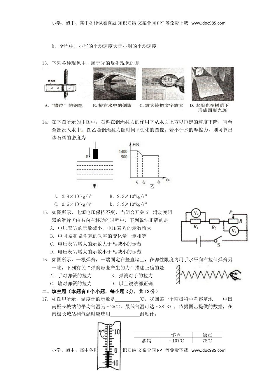 湖南省衡阳市2015年中考物理真题试题（含扫描答案）.doc