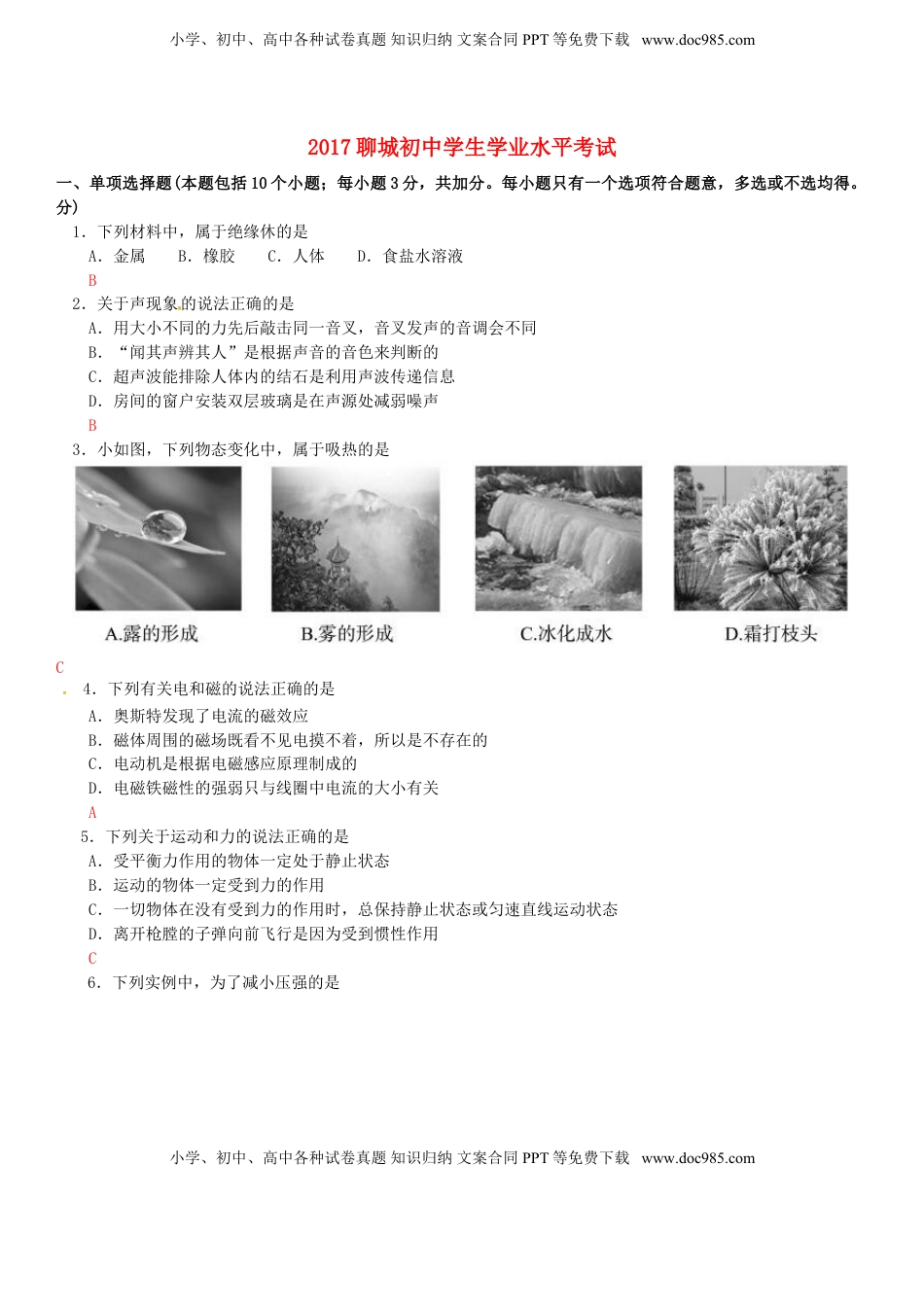 山东省聊城市2017年中考物理真题试题（含答案）.DOC