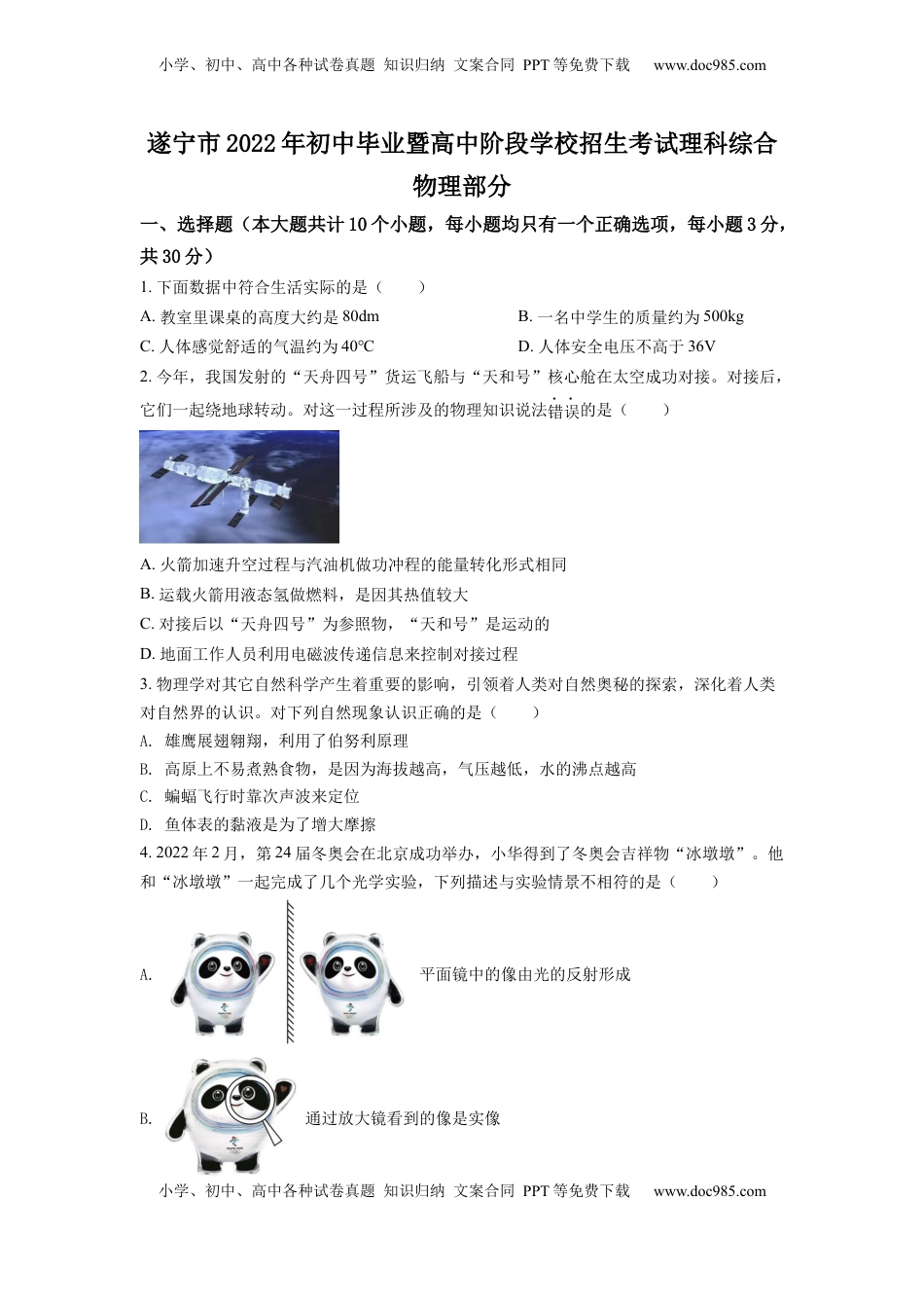 精品解析：2022年四川省遂宁市中考物理真题（原卷版）.docx