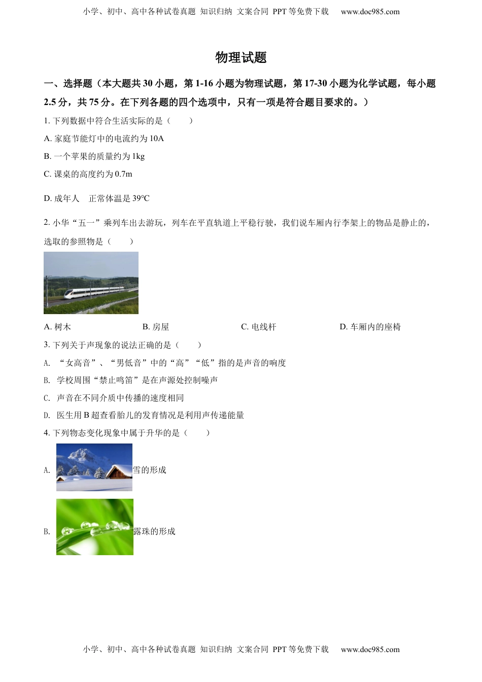 精品解析：2022年四川省乐山市中考物理试题（原卷版）.docx