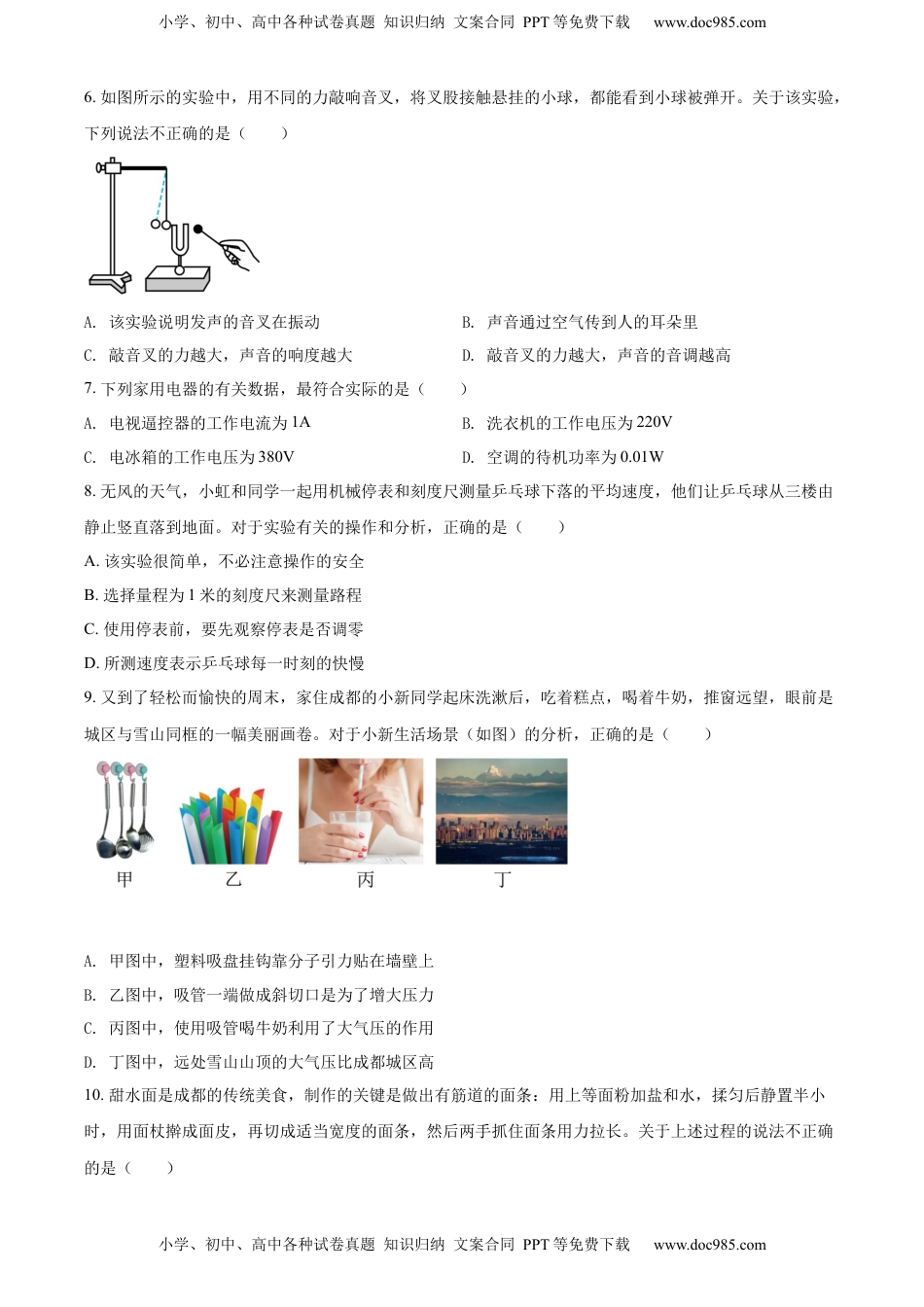 精品解析：2022年四川省成都市中考物理试题（原卷版）.docx