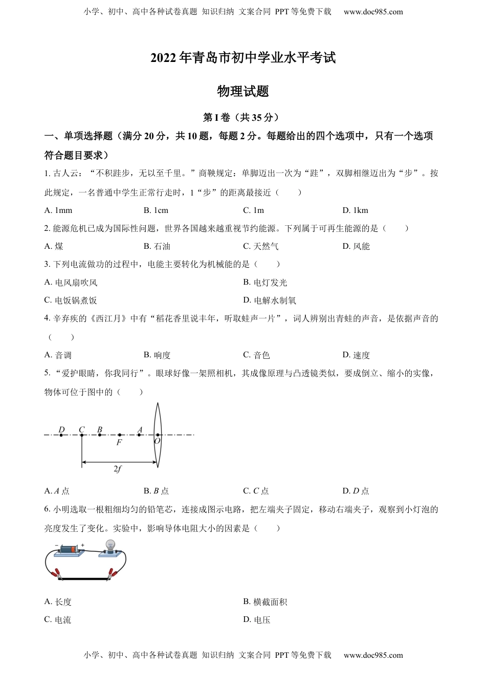 精品解析：2022年山东省青岛市中考物理试题（原卷版）.docx
