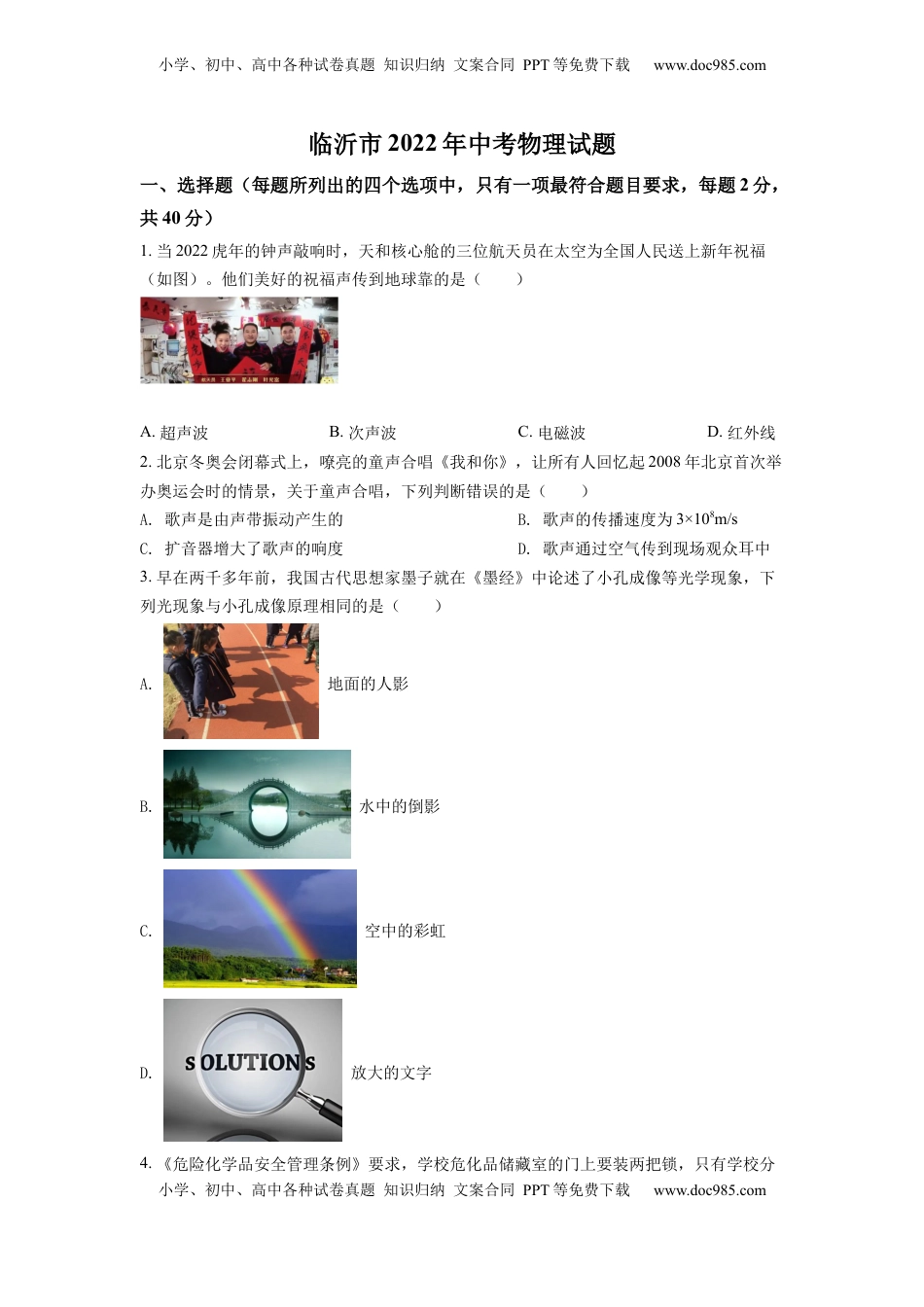 精品解析：2022年山东省临沂市中考物理真题（原卷版）.docx