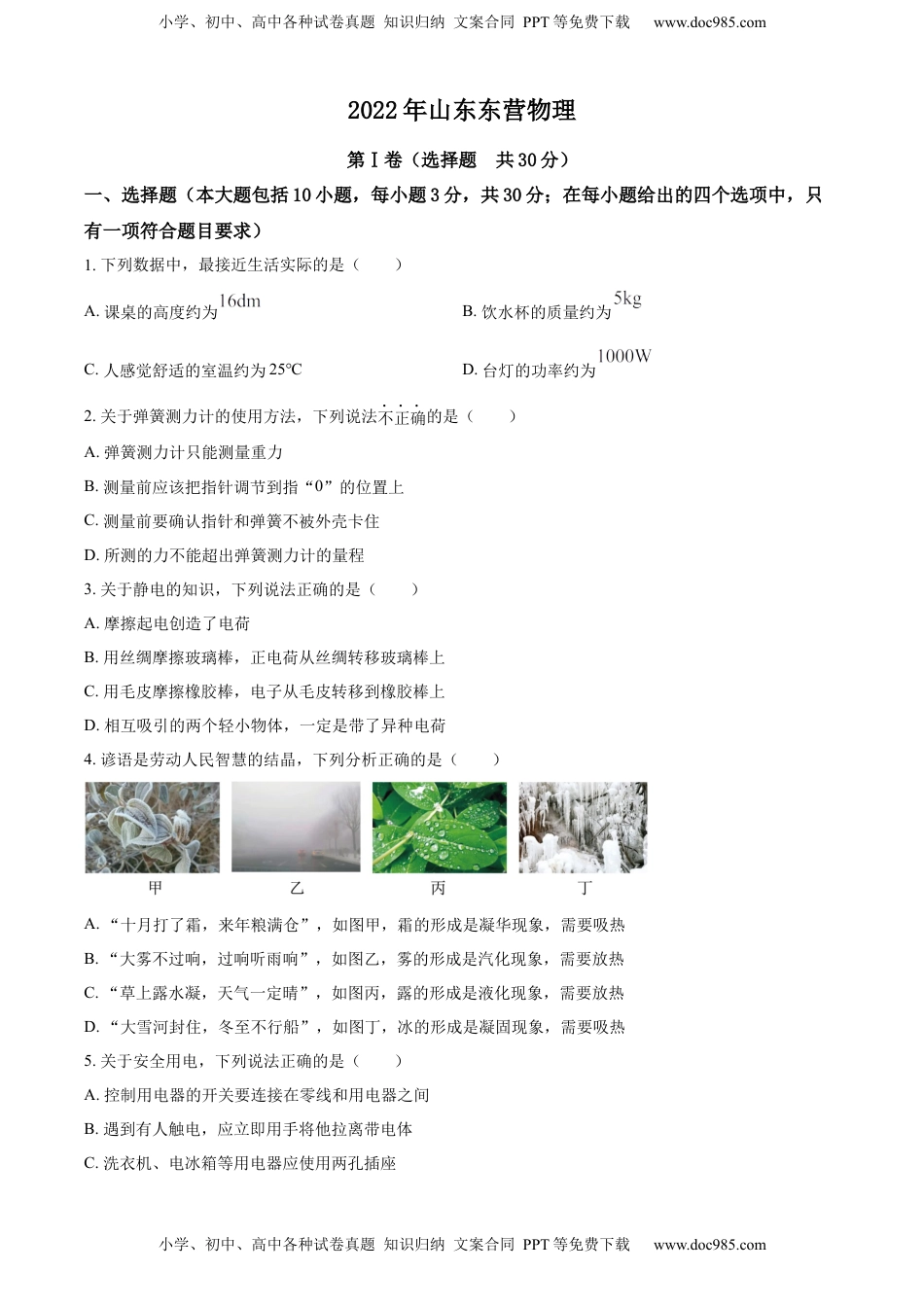 精品解析：2022年山东省东营市中考物理试题（原卷版）(1).docx