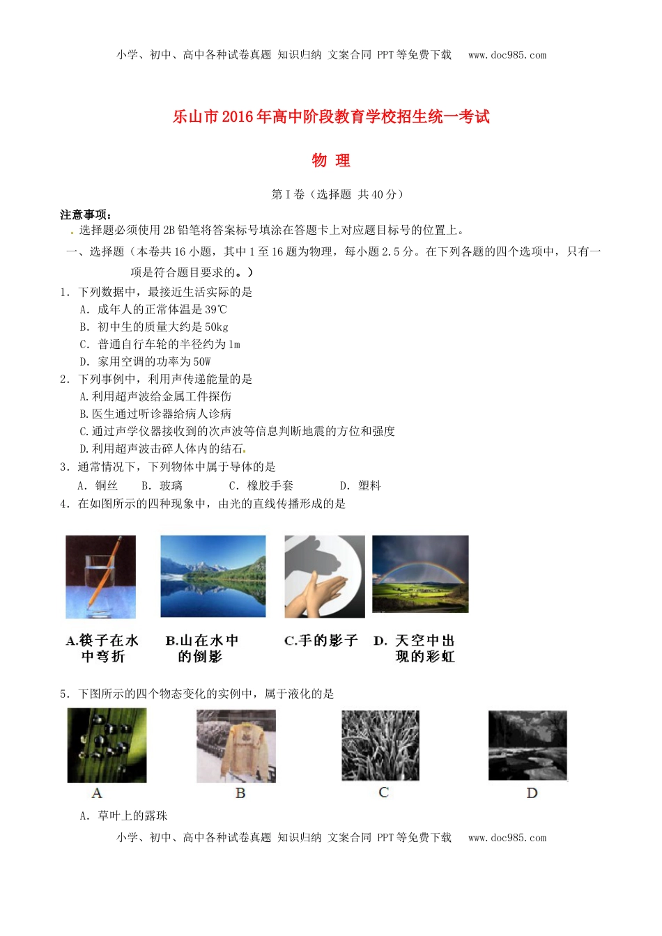 四川省乐山市2016年中考物理真题试题（含答案）.DOC