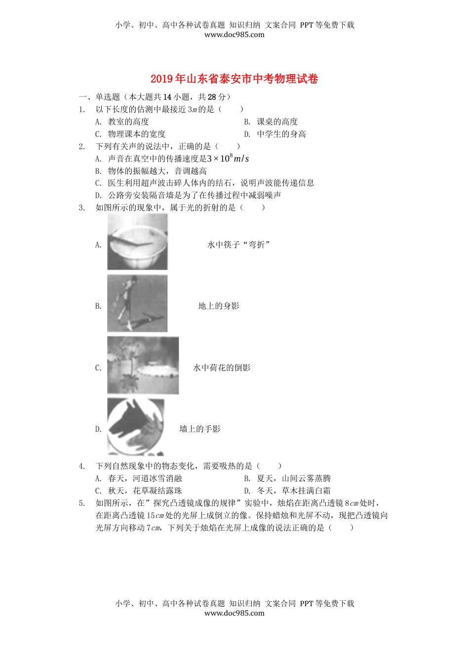 山东省泰安市2019年中考物理真题试题（含解析）.docx