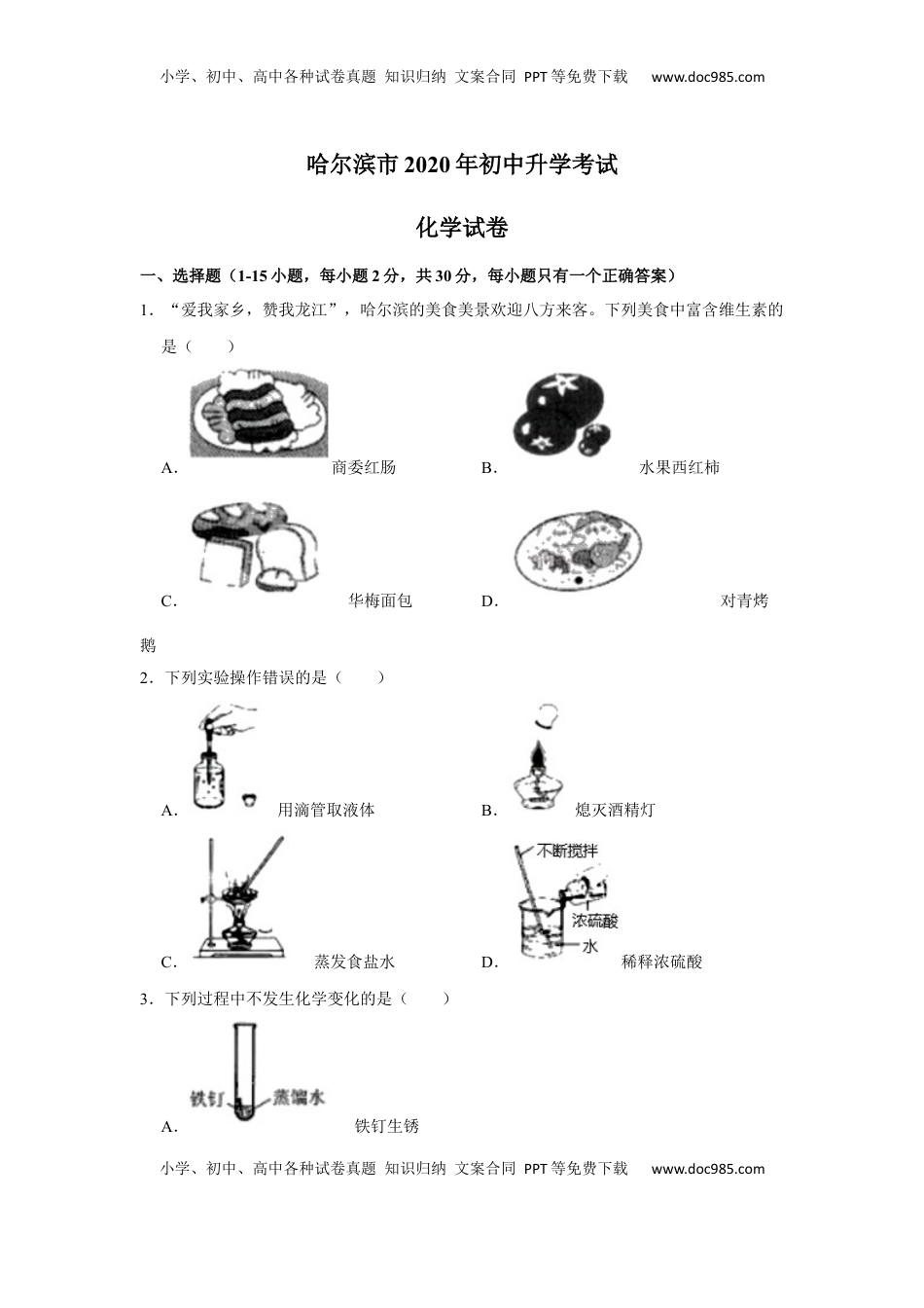 黑龙江省哈尔滨市2020年中考化学试卷（解析版）.docx