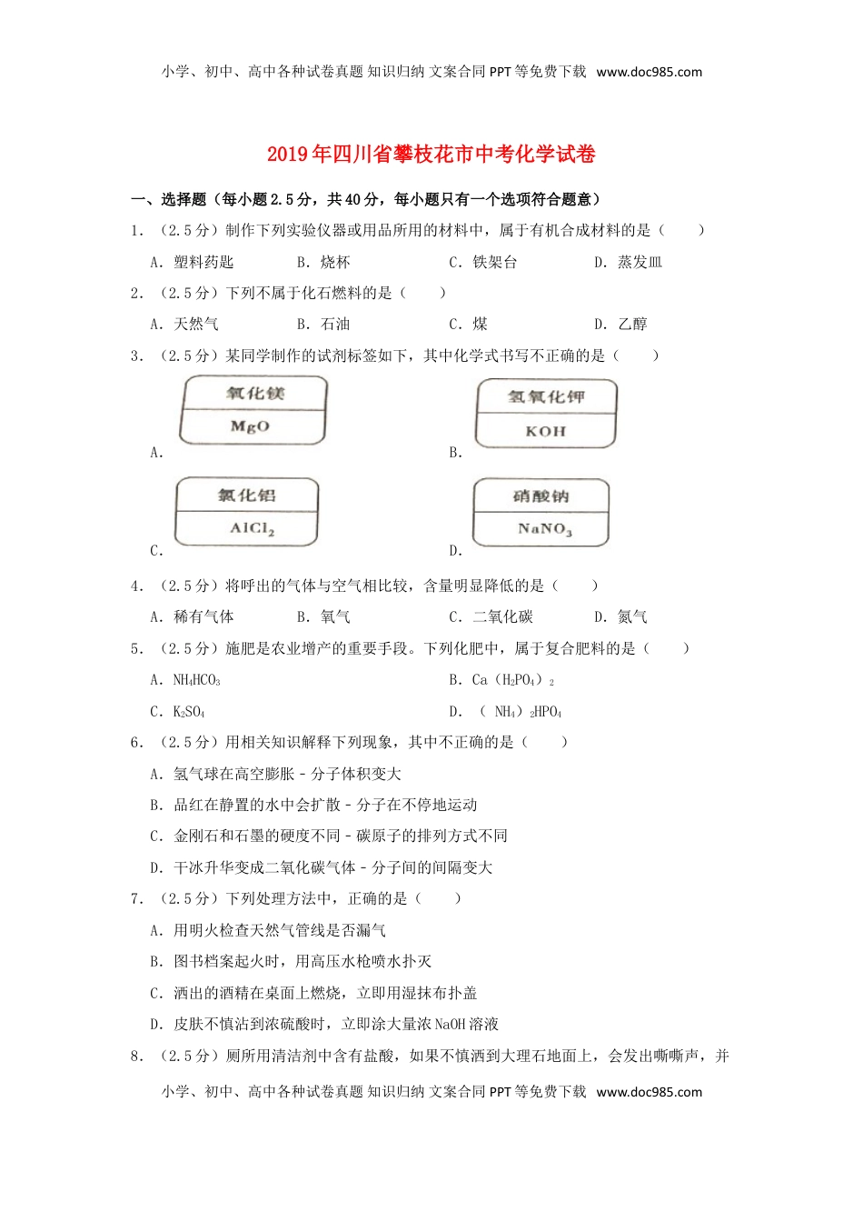 四川省攀枝花市2019年中考化学真题试题（含解析）.doc