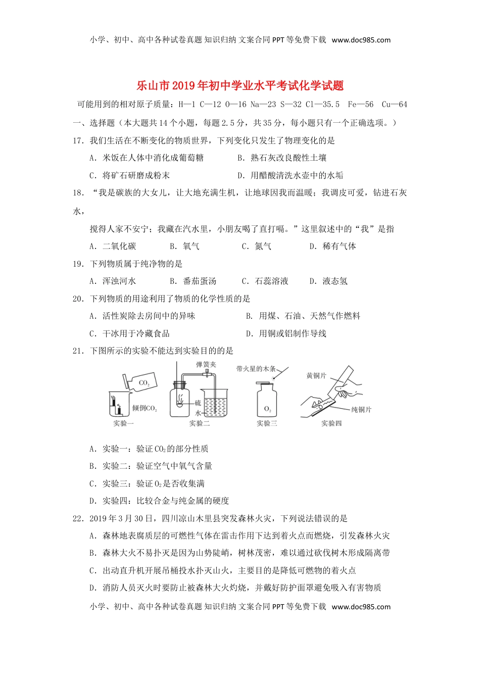 四川省乐山市2019年中考化学真题试题.doc